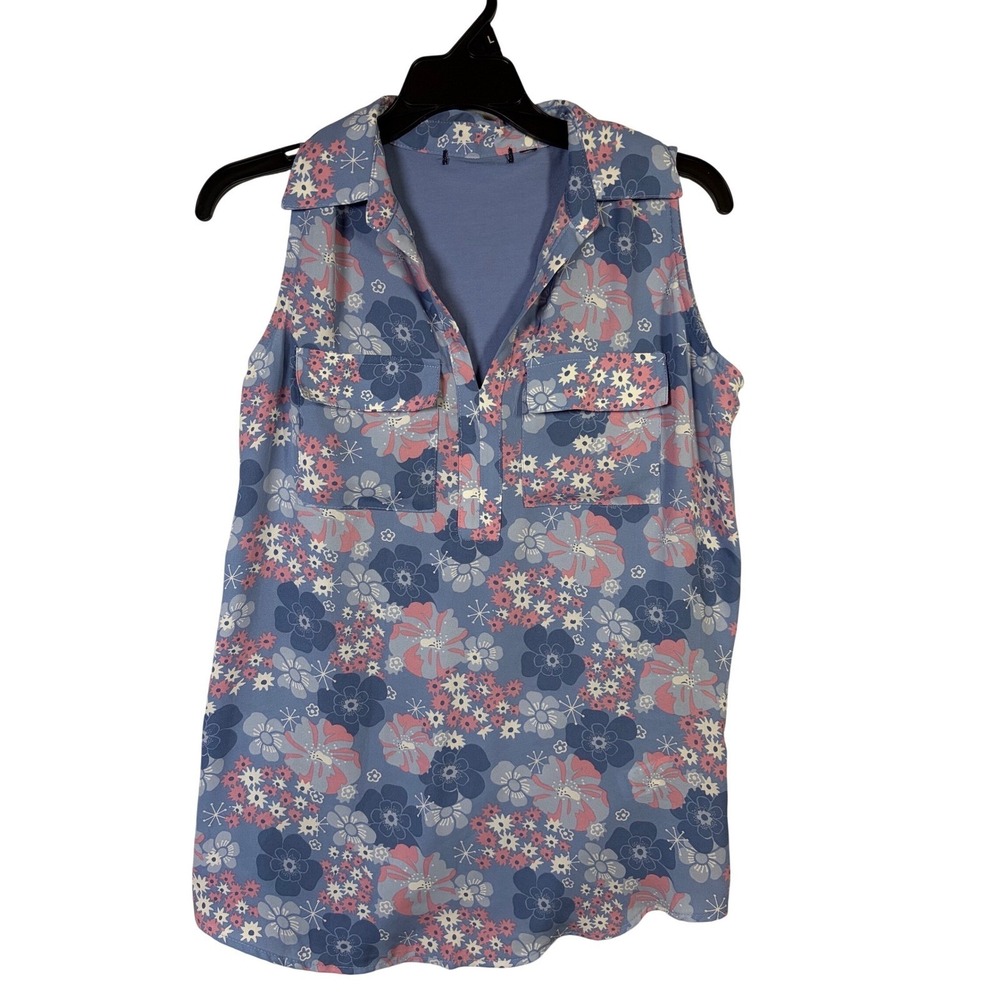 Unbranded Floral Sleeveless Blouse Womens L Blue Excellent Mixed Media Top